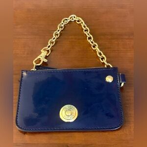 Tommy Hilfiger Wristlet Blue Patent Pouch With Chain Strap Logo 5.5 x 3.5"